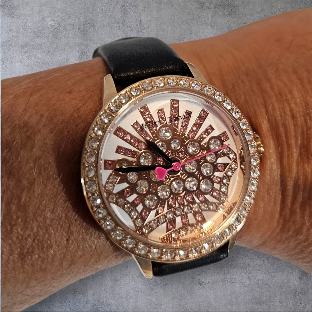 Betsey Johnson Crown of Jewels Crystal Bezel Pink Heart Black Bling Watch J10‎